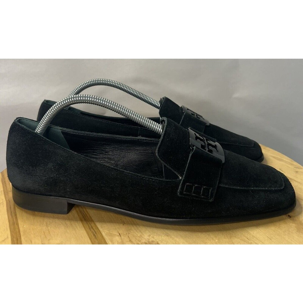 Tory Burch Black Suede Loafers with Logo Apron